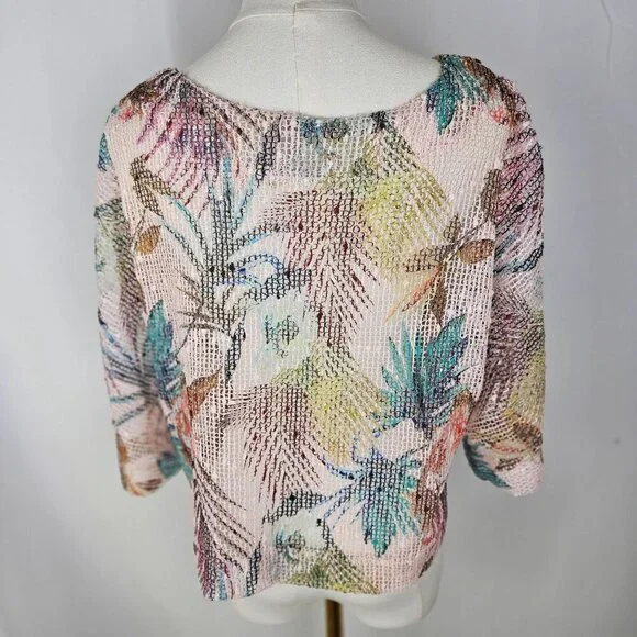 Soft Surroundings Cropped Cardigan Sweater Small Tropical Leaf Mesh-Weave Pink - Picture 6 of 11